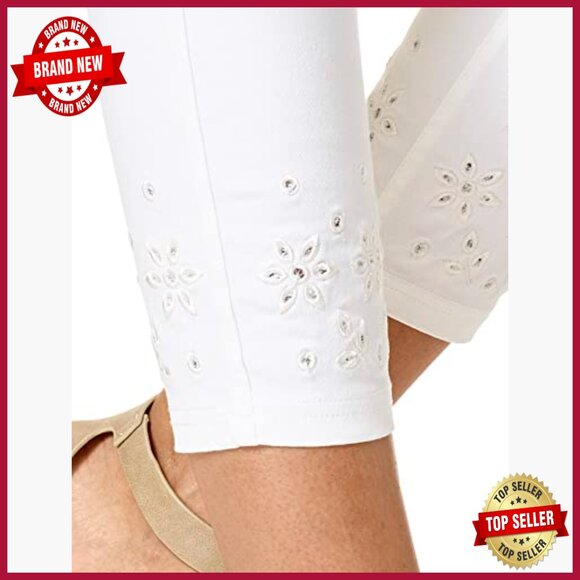 Embroidered Eyelet Hem Denim Skimmer Leggings, Pull-On Waistband, Stretch - Picture 4 of 4